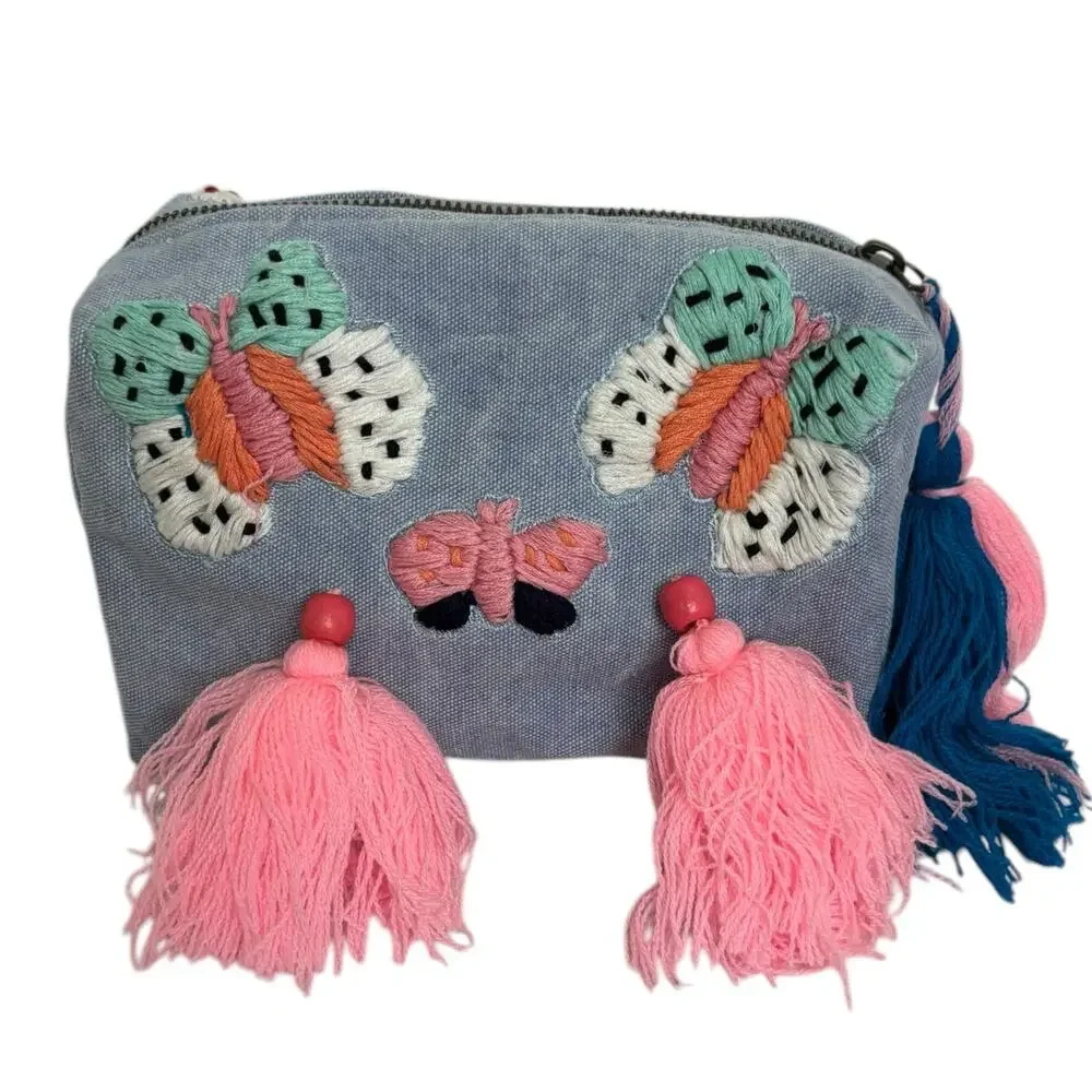 Raj LA Light Denim Blue Canvas Embroidered Tasseled Butterfly Cosmetic Bag NEW
